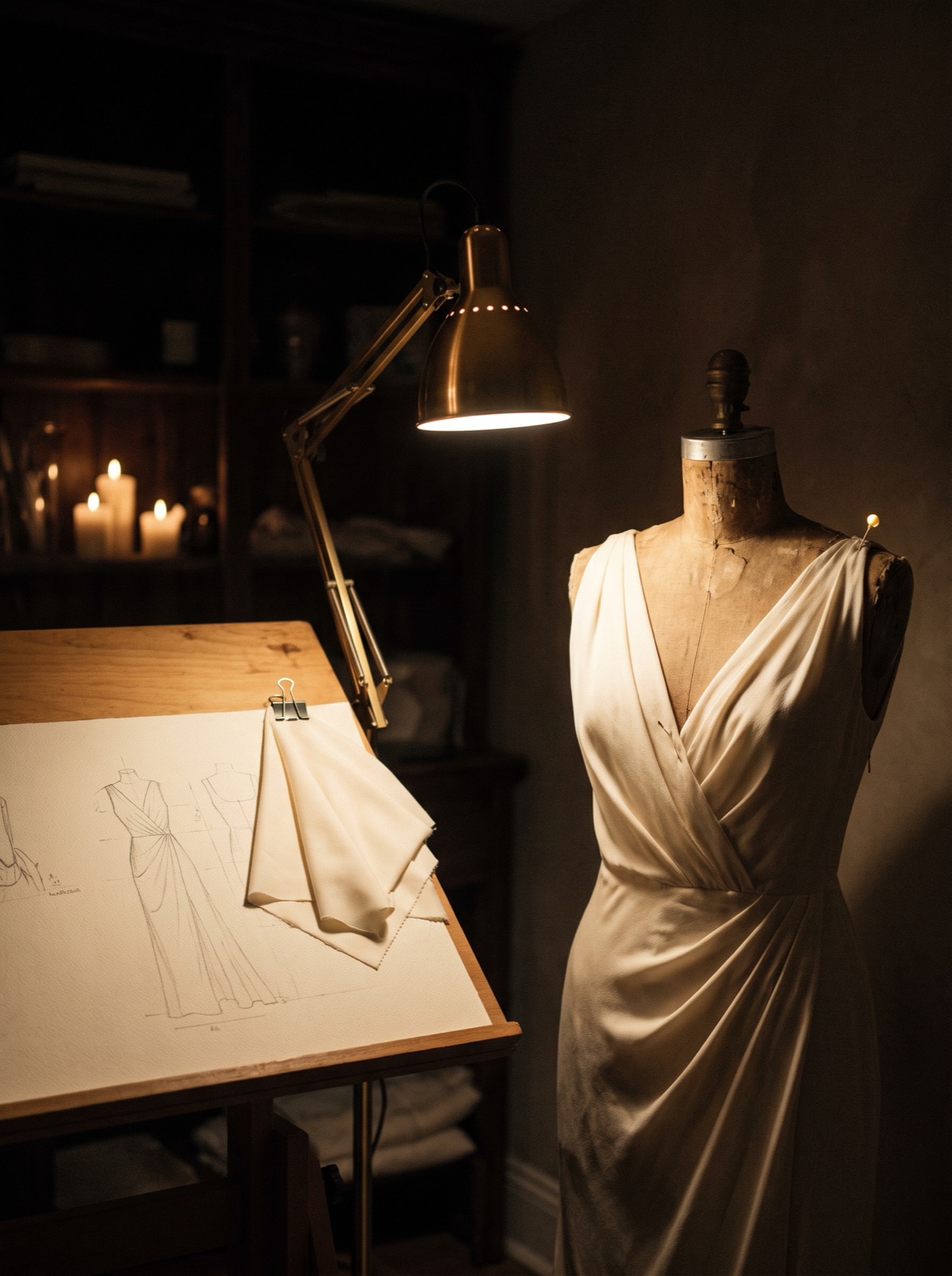 An ivory dress on its form in the night atelier, beside the drafting table