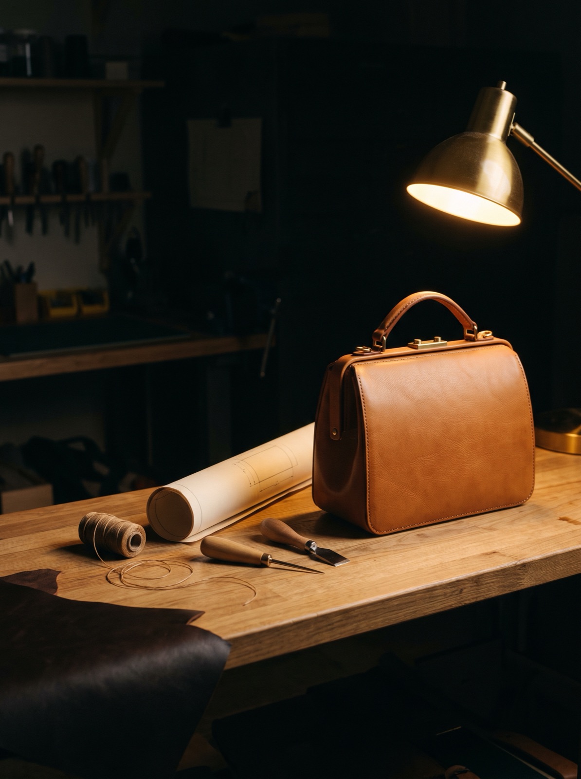 A tan leather handbag on the leatherworker's bench under a brass lamp
