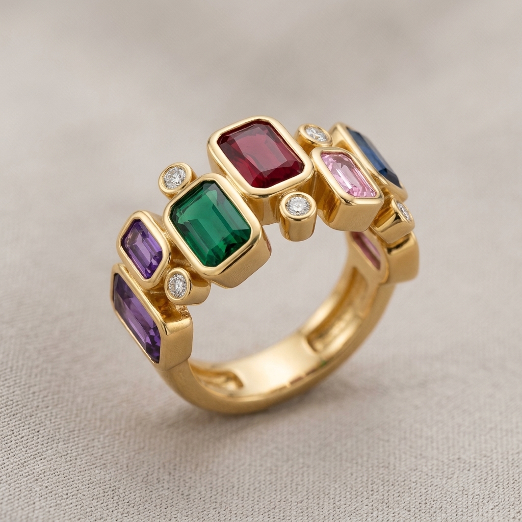 The ring rendered in solid gold with real stones